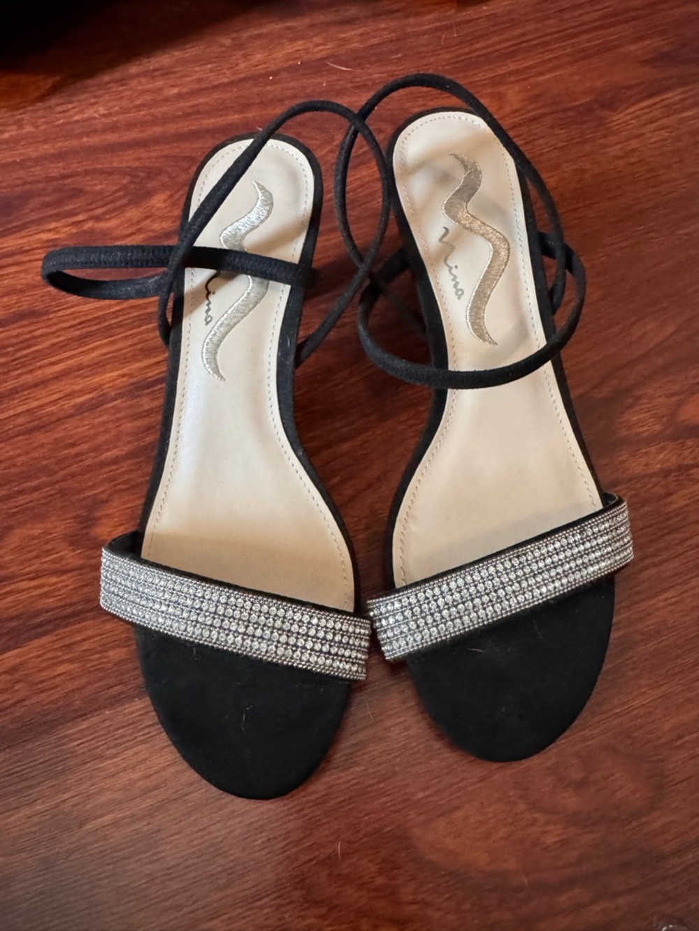 NEW- Nina Black Sandals with Silver Rhinestone Straps